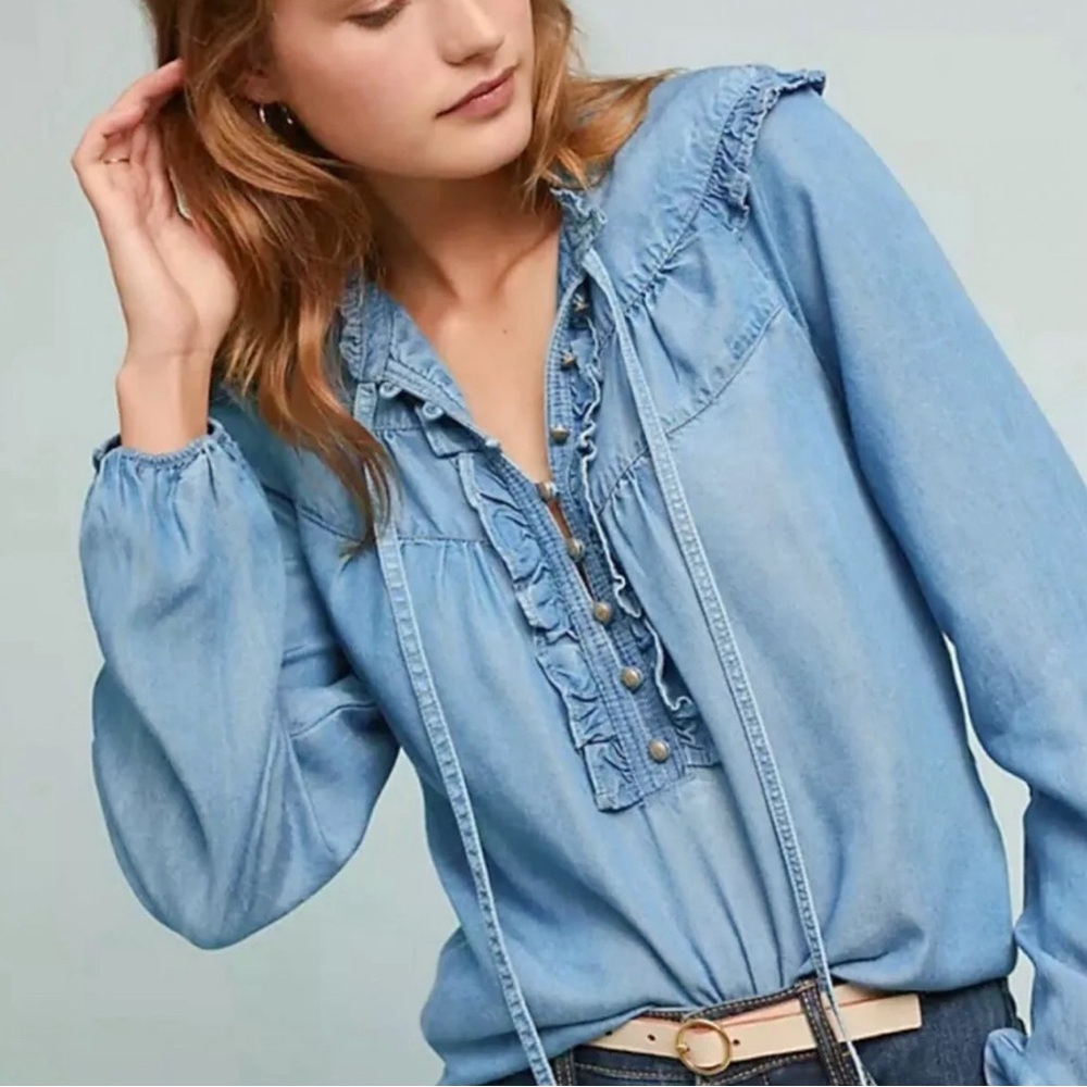 Anthropologie Maeve Chambray Ruffle Long Sleeve Top Size XS